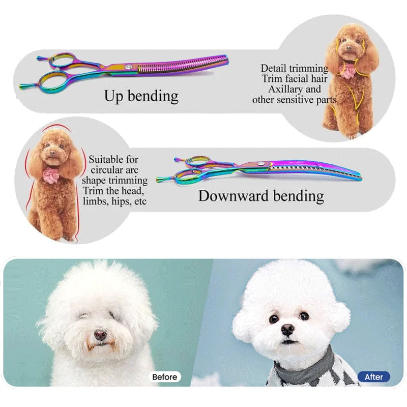 Forbici curve e sfoltenti per cani 7" – Design colorato professionale