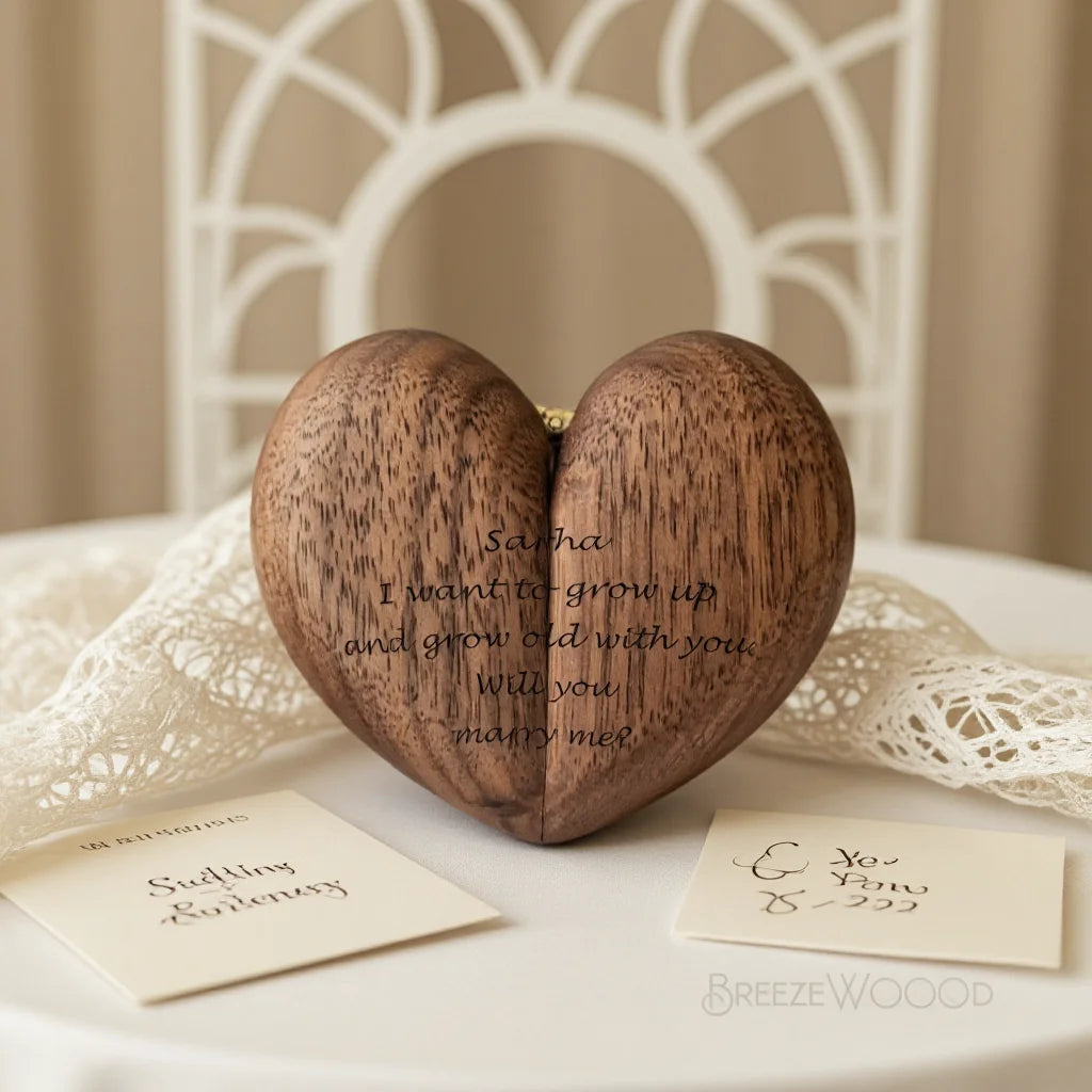 Heart Shaped Ring Box Black Walnut Wood Jewelry Case Engraved Names Date Romantic Gift for Her Girlfriend Wife