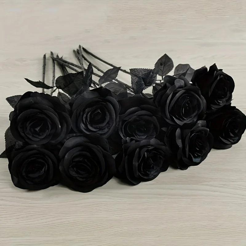 10 Rosa Nere Artificiali Lungho Stelo - Decorazione Halloween, Matrimonio, Casa