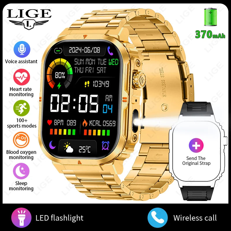 Smartwatch sportivo 2.01\" HD con chiamata, assistente vocale, torcia - IP68