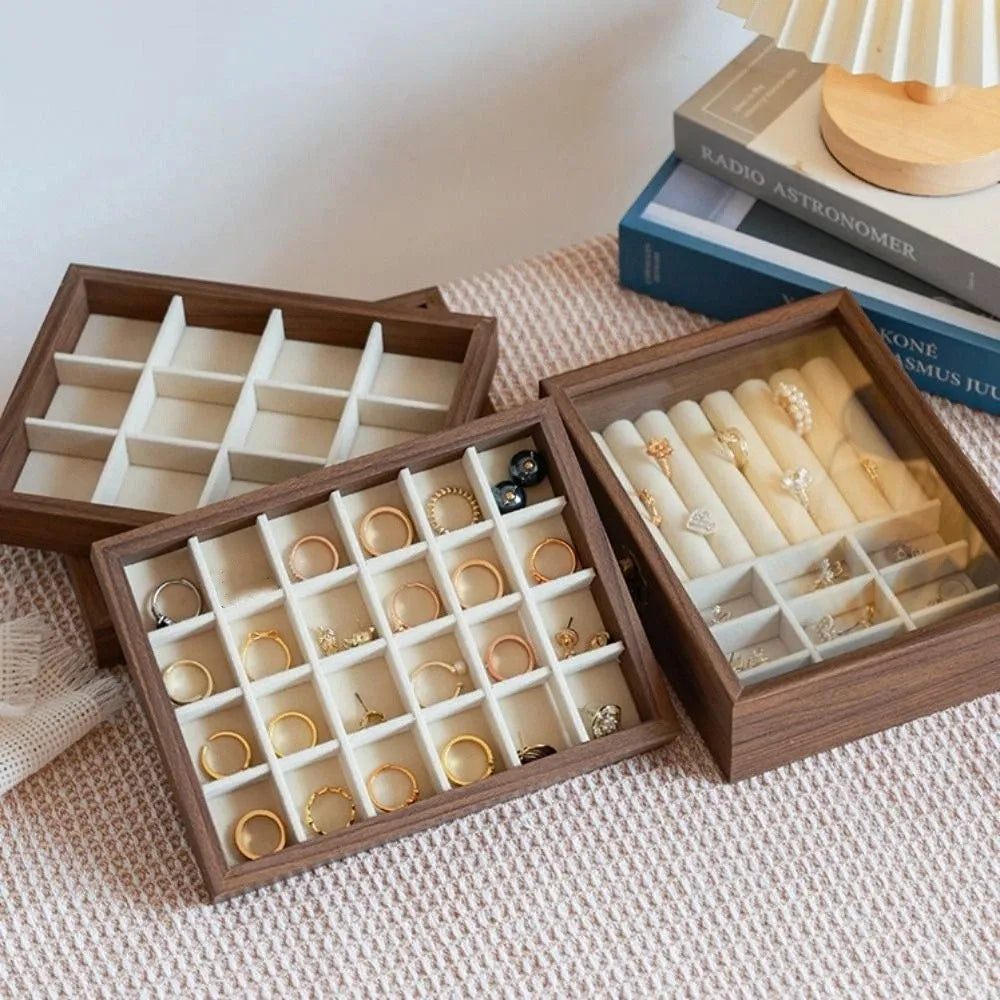 Convenient Elegant Wood Jewelry Box Glass Lid Dust-proof Earrings Display Tray Storage Box Velvet Jewelry Organizer Home