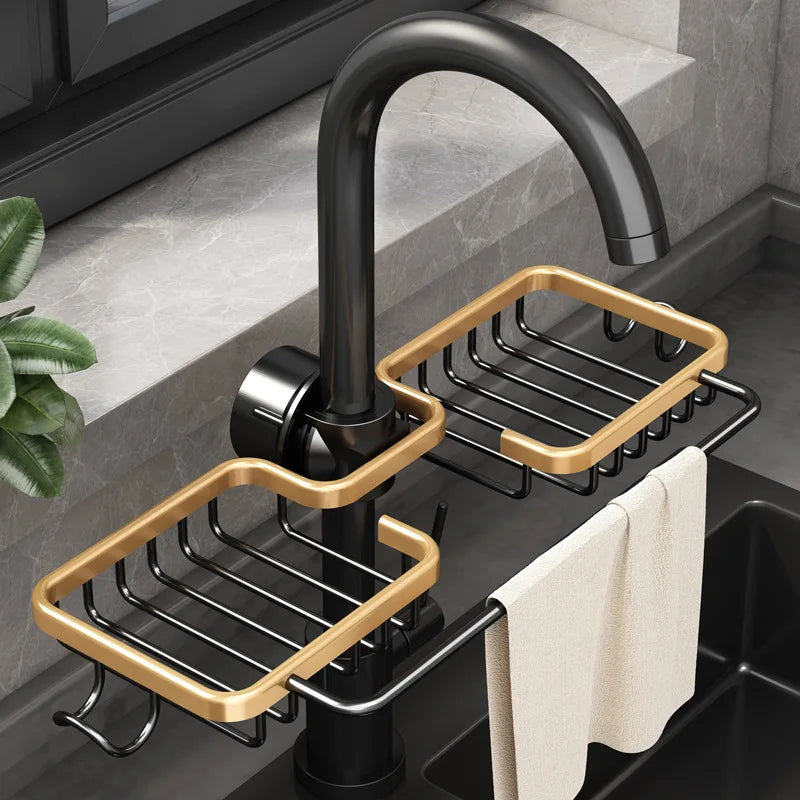 Porta spugna e supporto rubinetto in alluminio per cucina e bagno