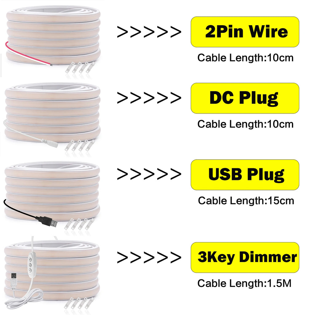 Striscia LED Neon 5V USB, 320 LED/m, dimmer, IP68, luce calda/bianca
