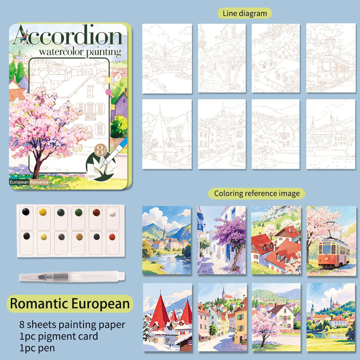 Libro Colorazione Acquerelli Pieghevole per Adulti - Set Colori