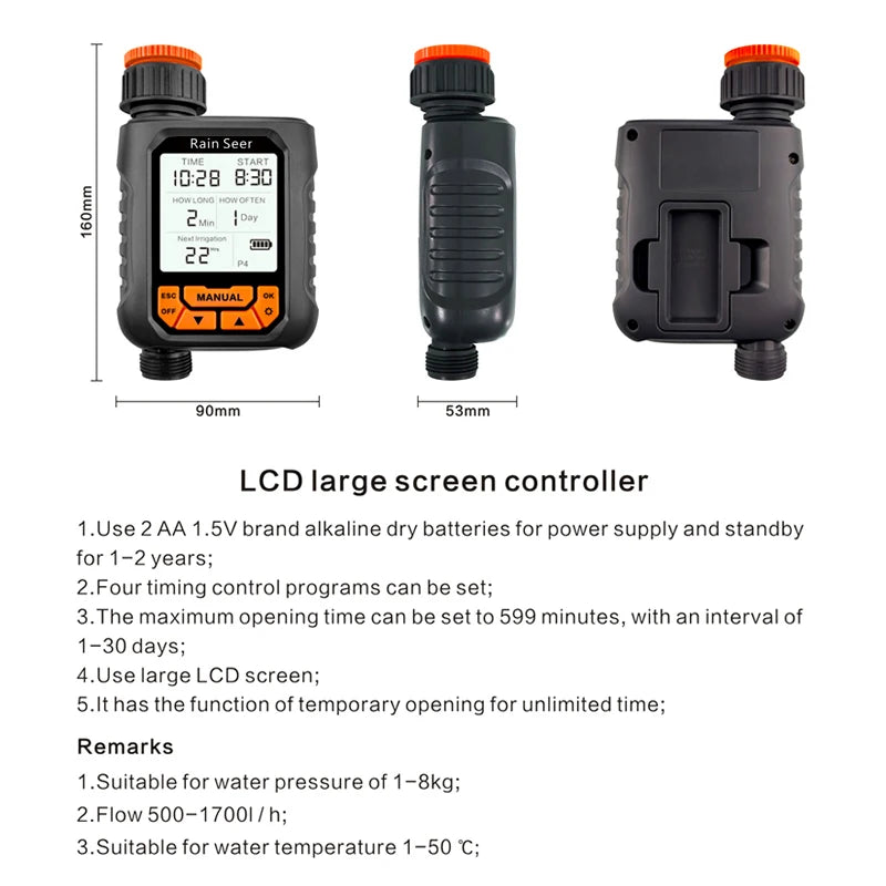 Timer irrigazione con display LCD grande, impermeabile IP65, automatico