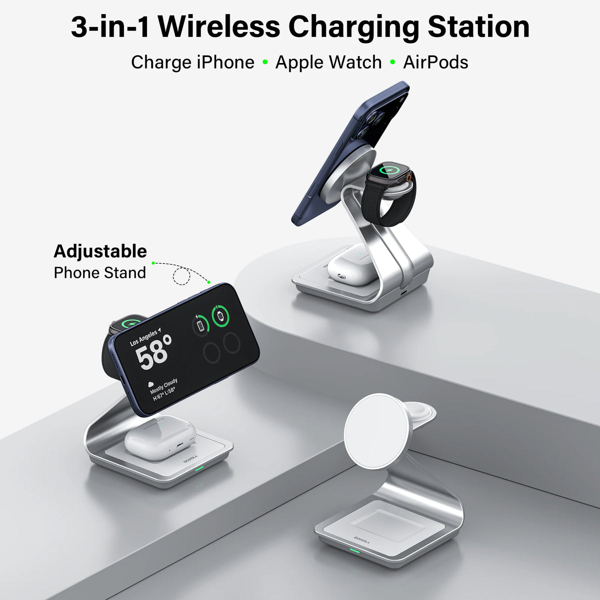 Caricatore wireless 3 in 1 magnetico 30W per iPhone, Apple Watch e AirPods