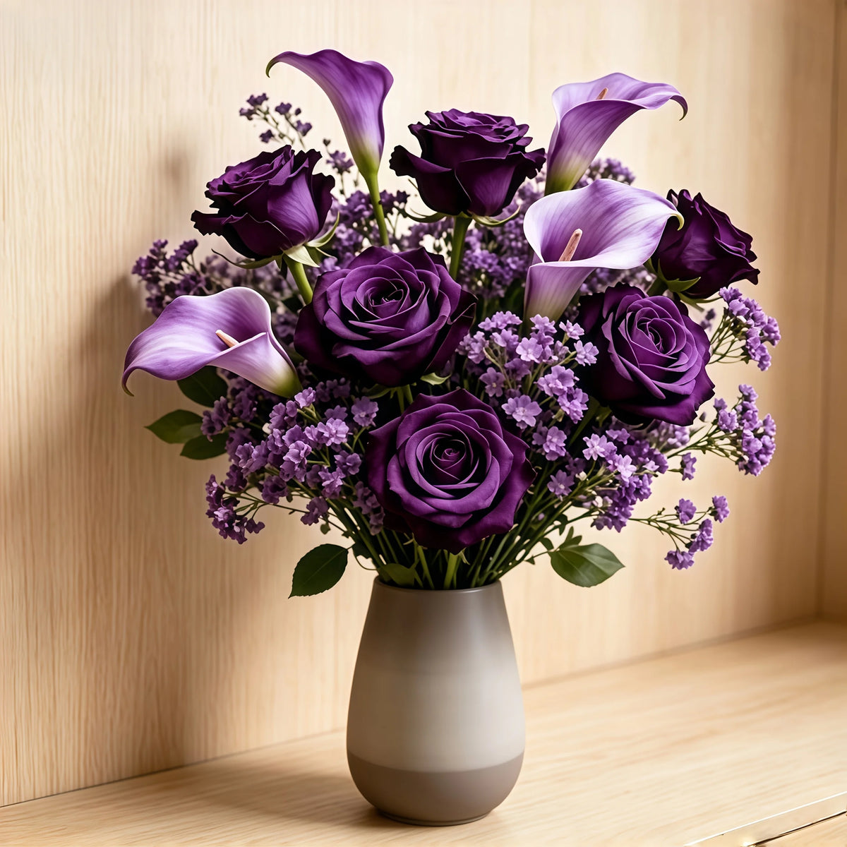 Bouquet di Fiori Artificiali Viola – 3 Rose, 3 Calle, 10 Gypsophila, Senza Vaso