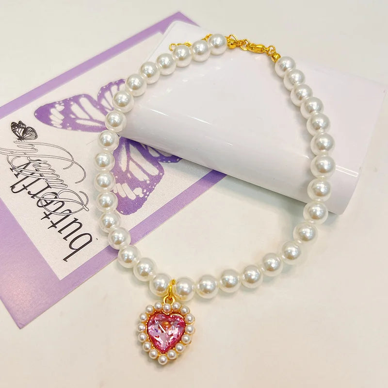 Collarino con Ciondolo a Cuore e Perla Falsa per Gatti e Cani – Fashion