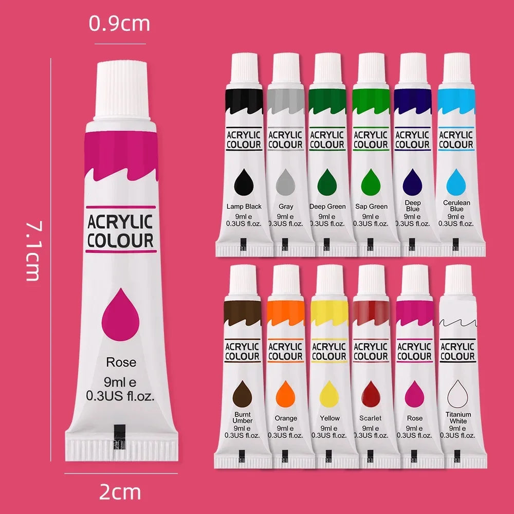 Set di 12 Acrilici 9ml – Colori Vivaci e Resistenti per Tela, Carta e Legno