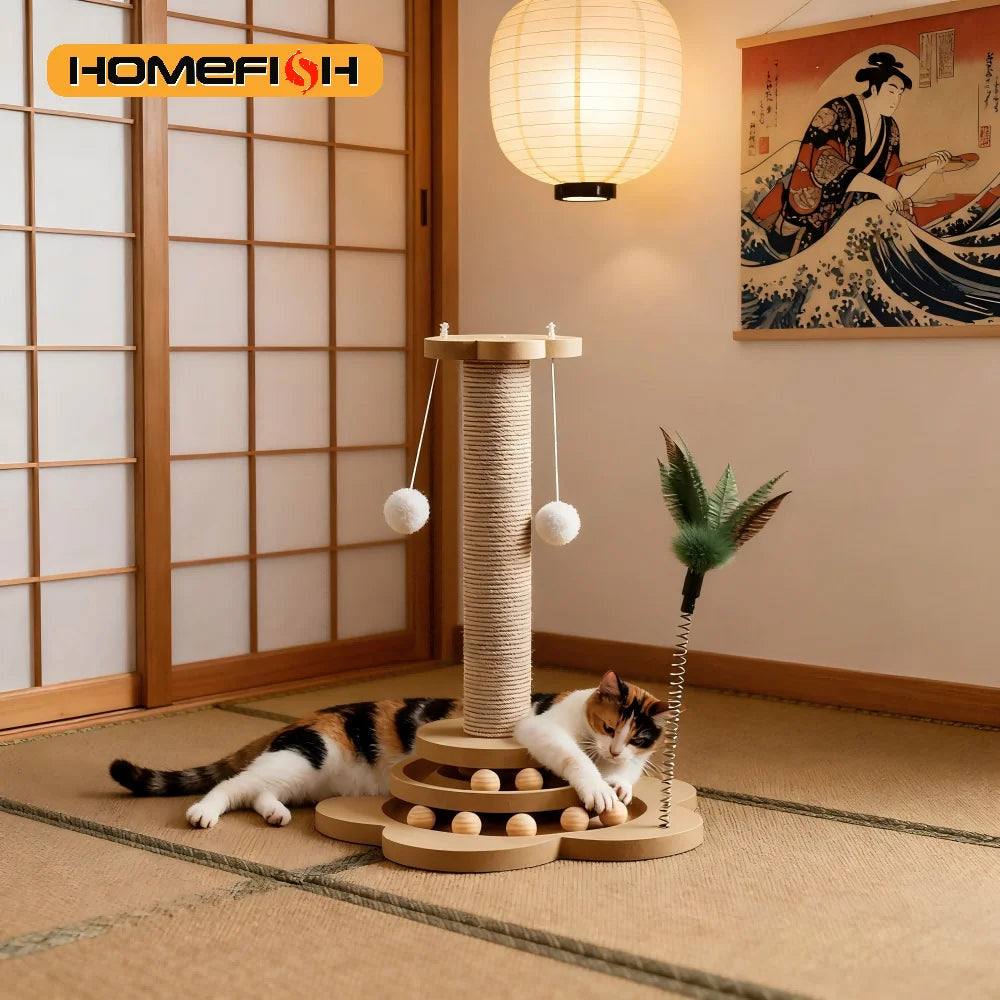 Gioco Gatto in Legno con Disco Rotante e Palline – Tappetino Graffiabile Sisal