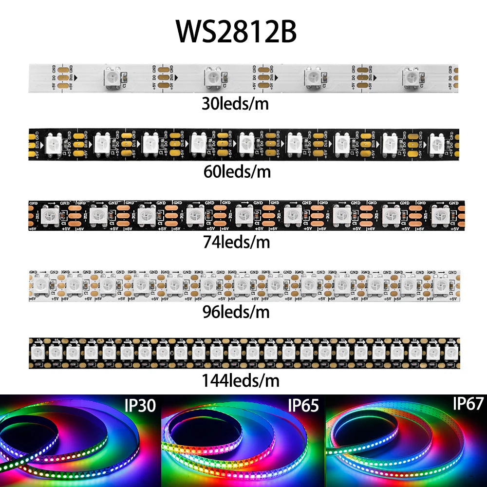 Striscia LED RGB WS2812B 5V, 30-144 LED/m, IP30/65/67, Tagliabile