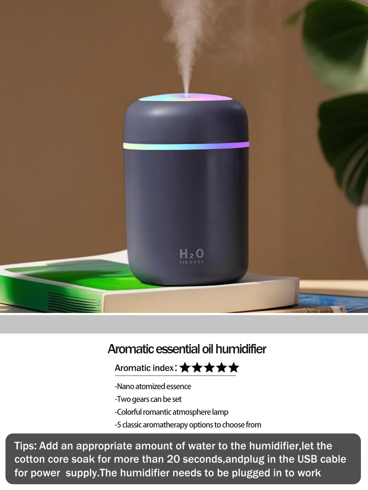 Diffusore Aromaterapico 300ml USB Luce a 7 Colori, Umidificatore per Casa e Auto