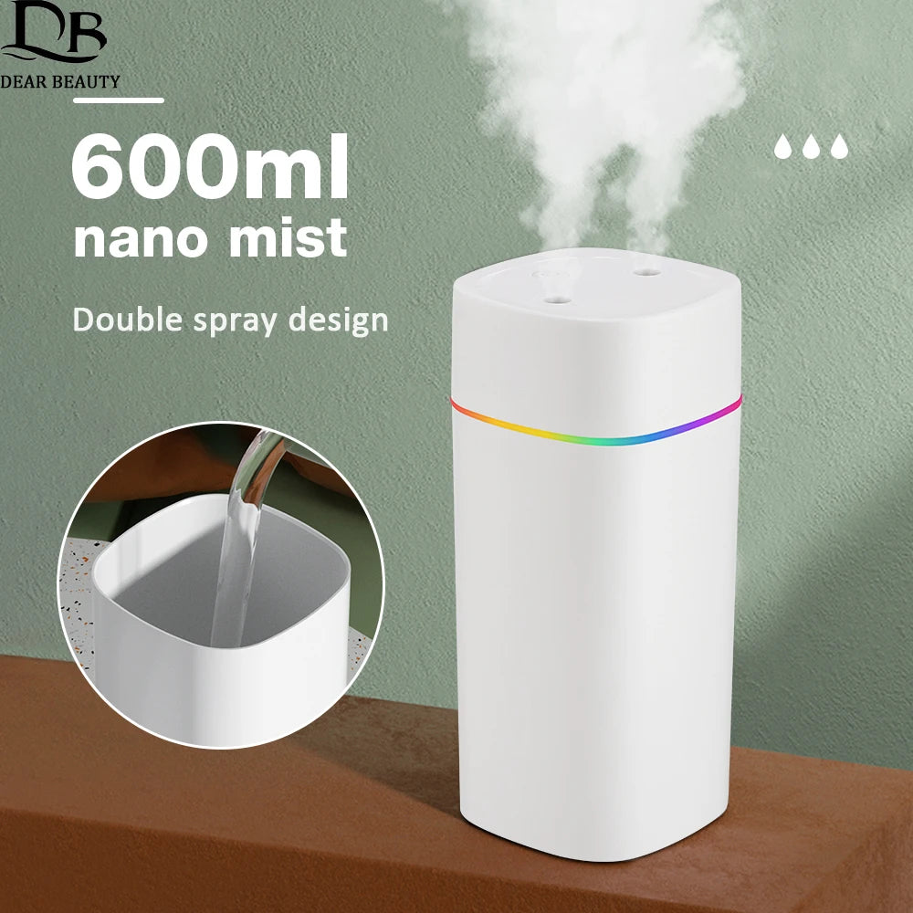 Umidificatore 600 ml doppio spray, luci LED e diffusione oli essenziali