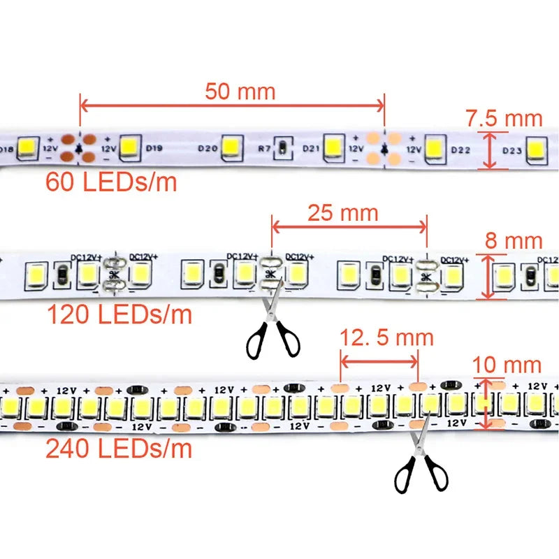 12V 24V LED Strip 2835 120LEDs/m Home Lamp Strip Pink Red Ice Blue Green Golden Yellow Orange Flexible Waterproof Soft Lamp Bar