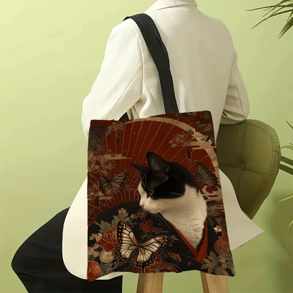 Borsa tote quadrata in lino bianco e nero con stampa gatto – shopper…