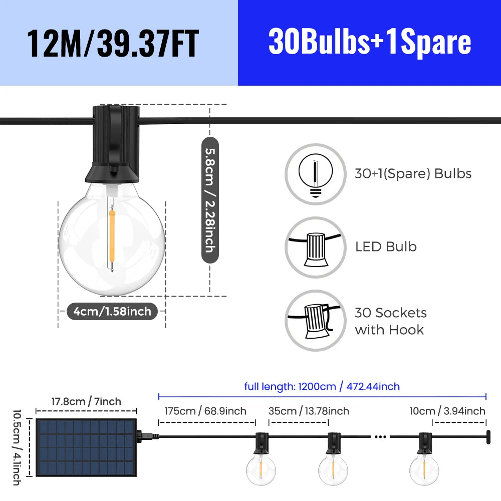 Catena LED solare G40 White con telecomando, 8 modalità, luminosità regolabile