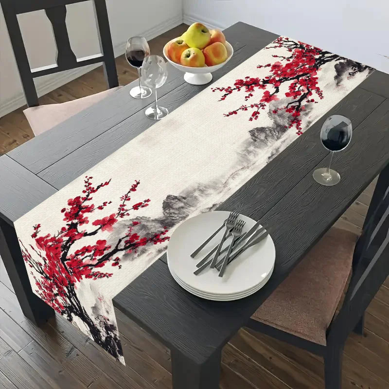Runner da tavola in lino con stampa fiori di ciliegio e montagna d'acqua