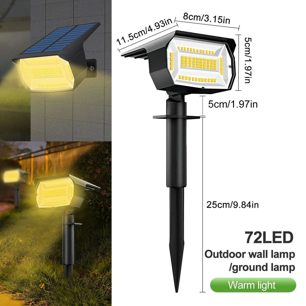 Spotlight solare LED 72 LED IP65, 3 modalità luce, installazione semplice