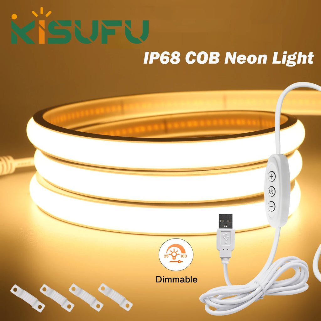 Striscia LED Neon 5V USB, 320 LED/m, dimmer, IP68, luce calda/bianca
