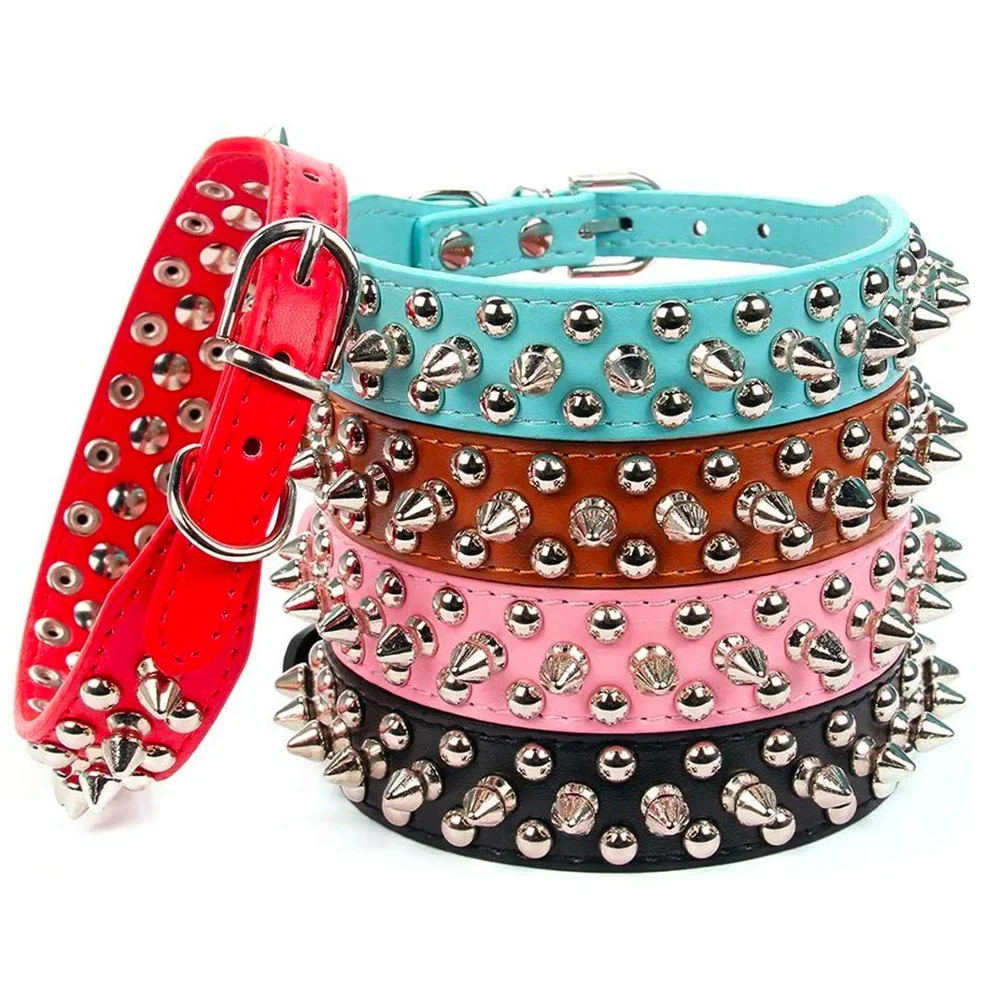 Collare per cane e gatto in pelle PU regolabile con rivetti punk e punte