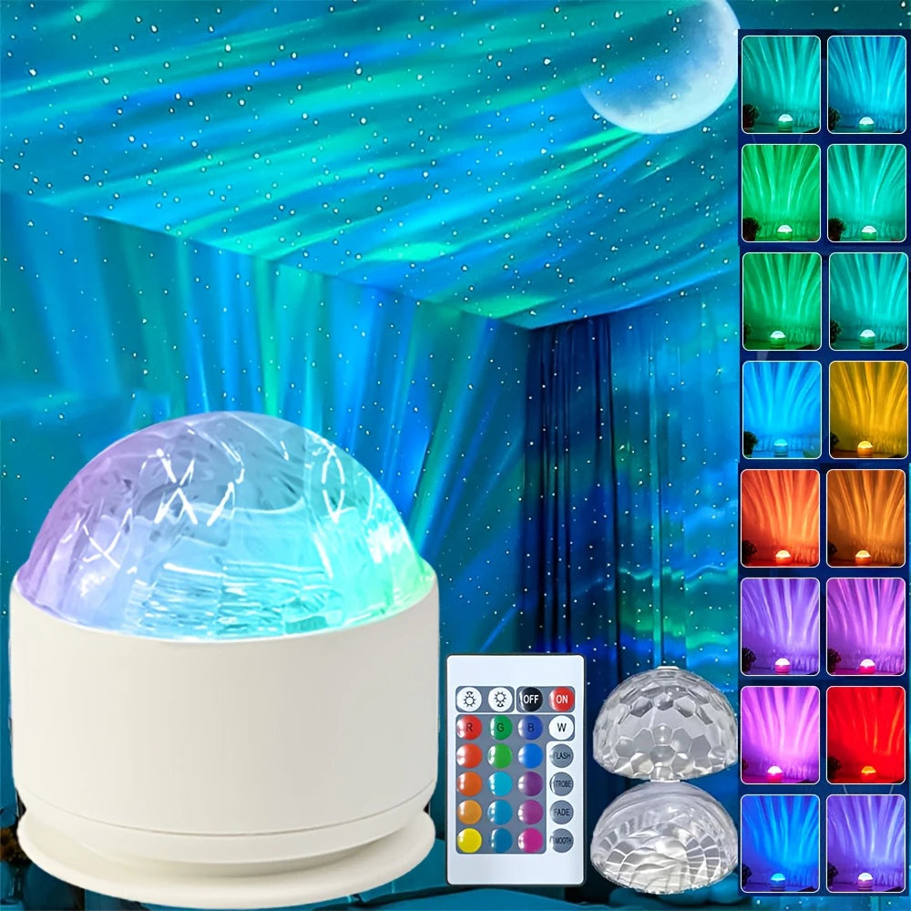Lampada LED Notturna Aurora e Onde, 16 colori, rotazione 360°, telecomando USB