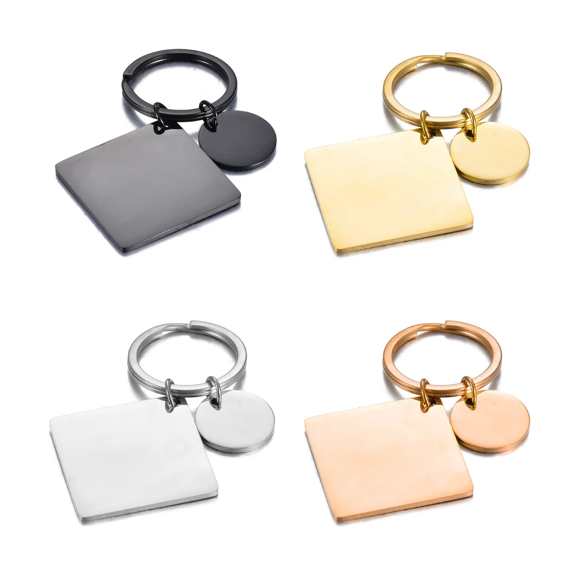 5Pcs Waterproof No Fading Stainless Steel Keychain Metal Round Square Tag DIY Collar Accessories Gift Key Ring Wholesale