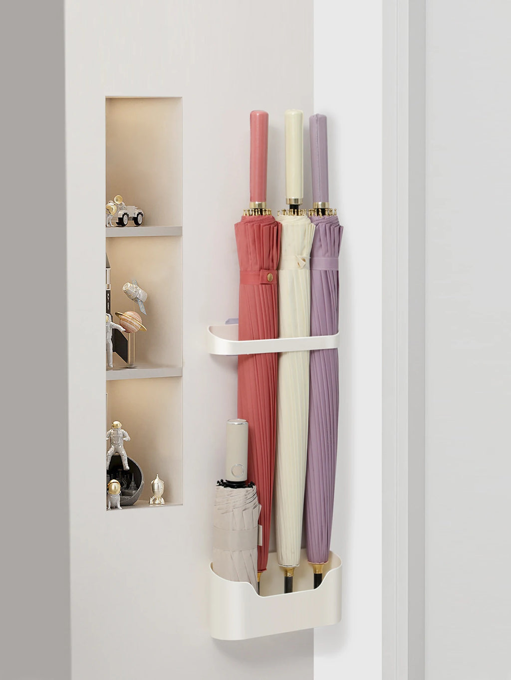 Punch-Free Wall Mount Umbrella Rack With Drain Tray, Entryway Storage Organizer For Long Short Umbrellas