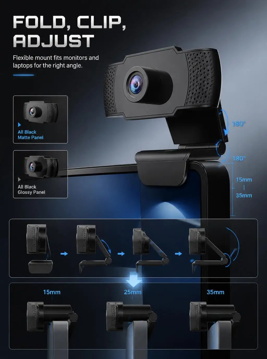 Webcam Full HD 1080P con microfono, auto‑focus e luce LED – USB Plug‑and‑Play