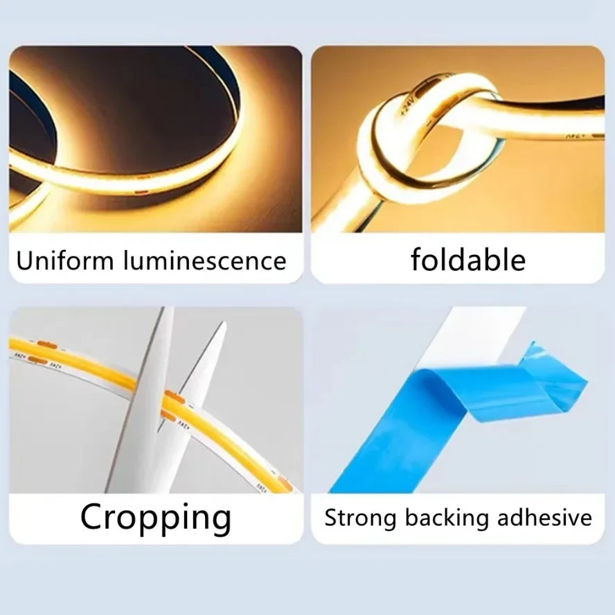 Striscia LED COB flessibile 8mm 12V/24V, 320/480 LED/m, luce 3000‑6000K