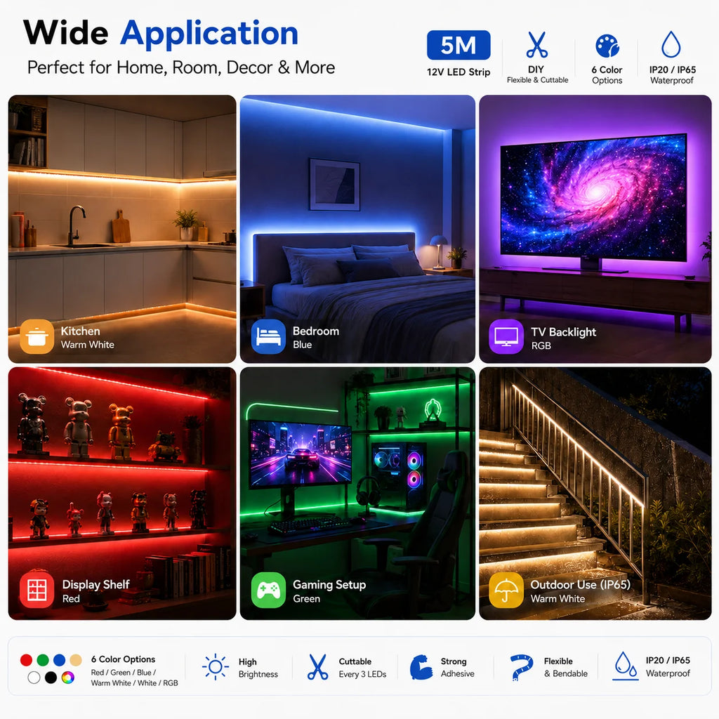 Striscia LED RGB 12V 5 m, 3528/5050, rosso, verde, blu e bianco caldo