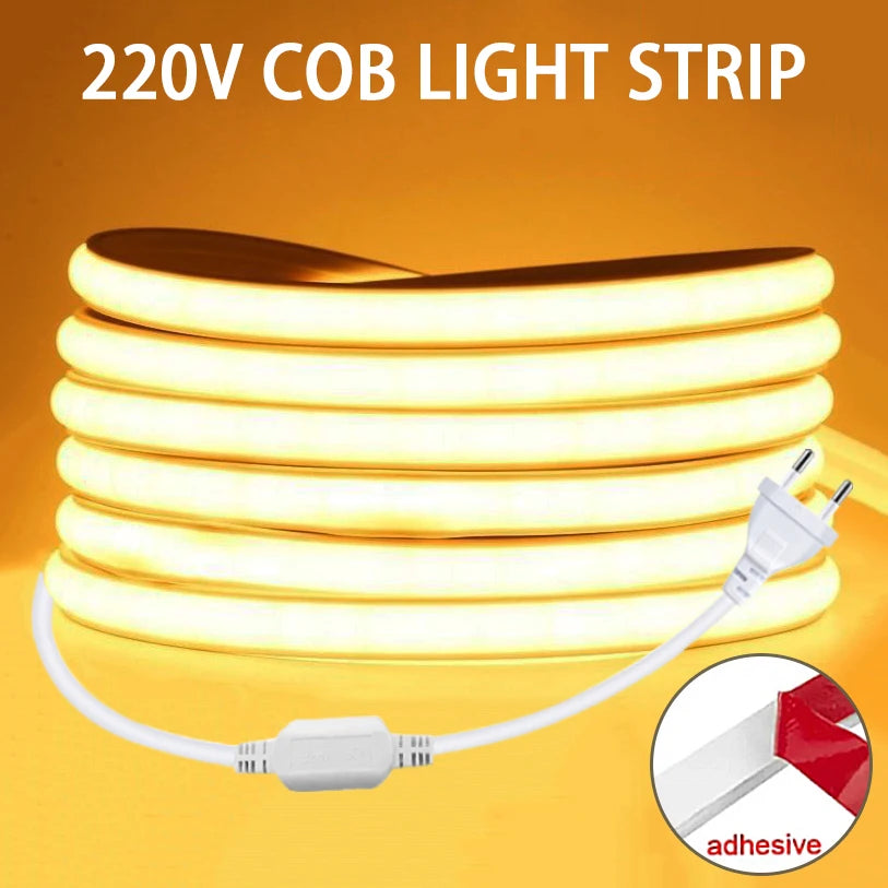 Striscia LED COB 220V ad alta luminosità, flessibile e autoadesiva