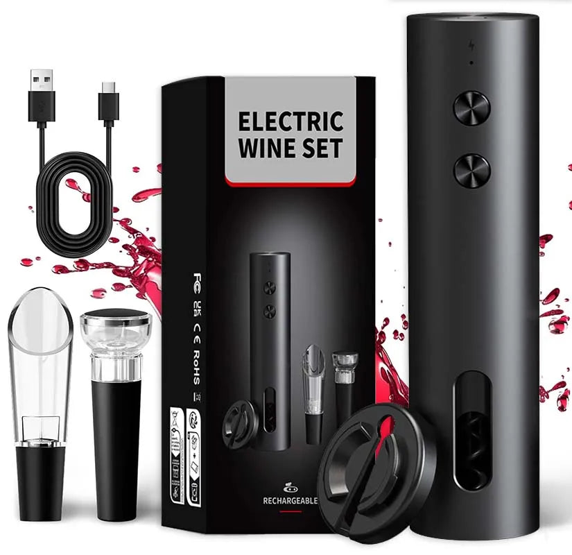 Apribottiglie elettrico 4‑in‑1 ricaricabile USB con fermavino e versatore