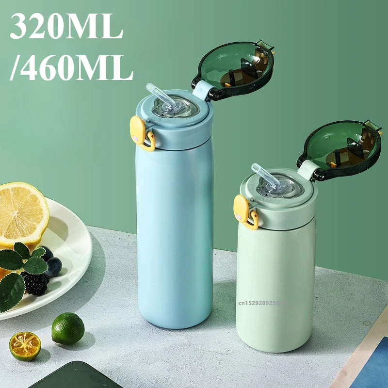 Bottiglia termica inox doppia parete 320/460 ml, anti‑perdita con cannuccia