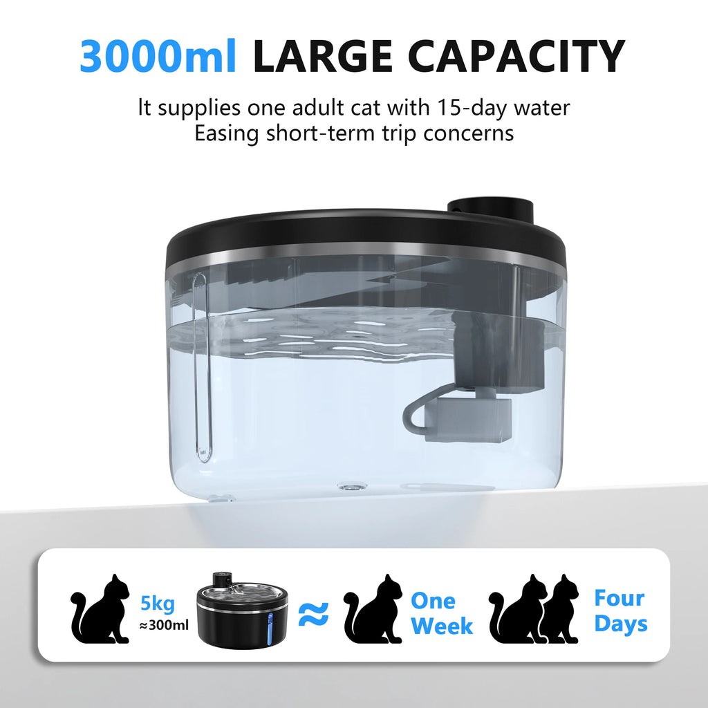 Fontana d'acqua per gatti 3L wireless, filtro inox, batteria 4000 mAh