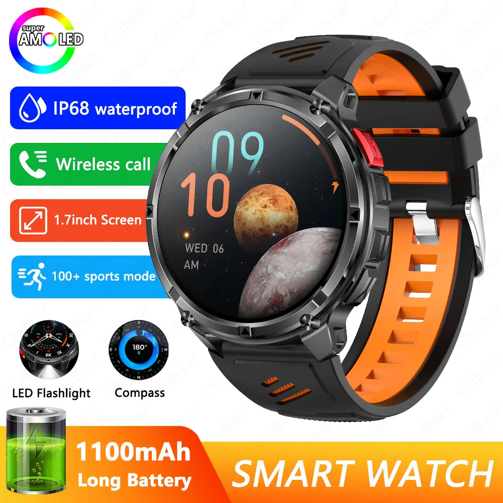 Military-Style 5ATM Waterproof GPS Sports Smartwatch with Compass