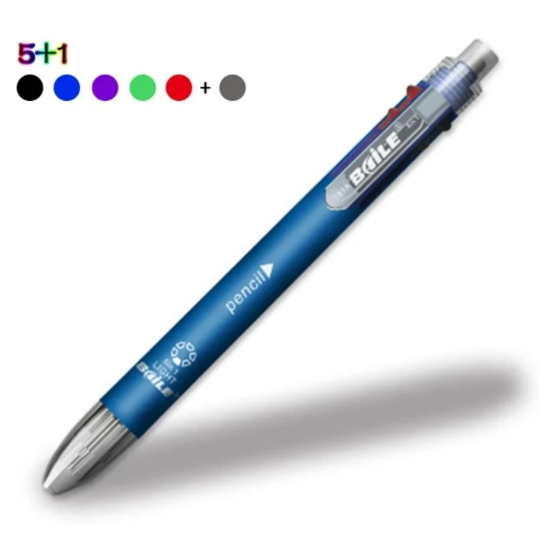 Set 6 in 1 Penna a sfera multicolore + matita meccanica con gomma, 5 colori