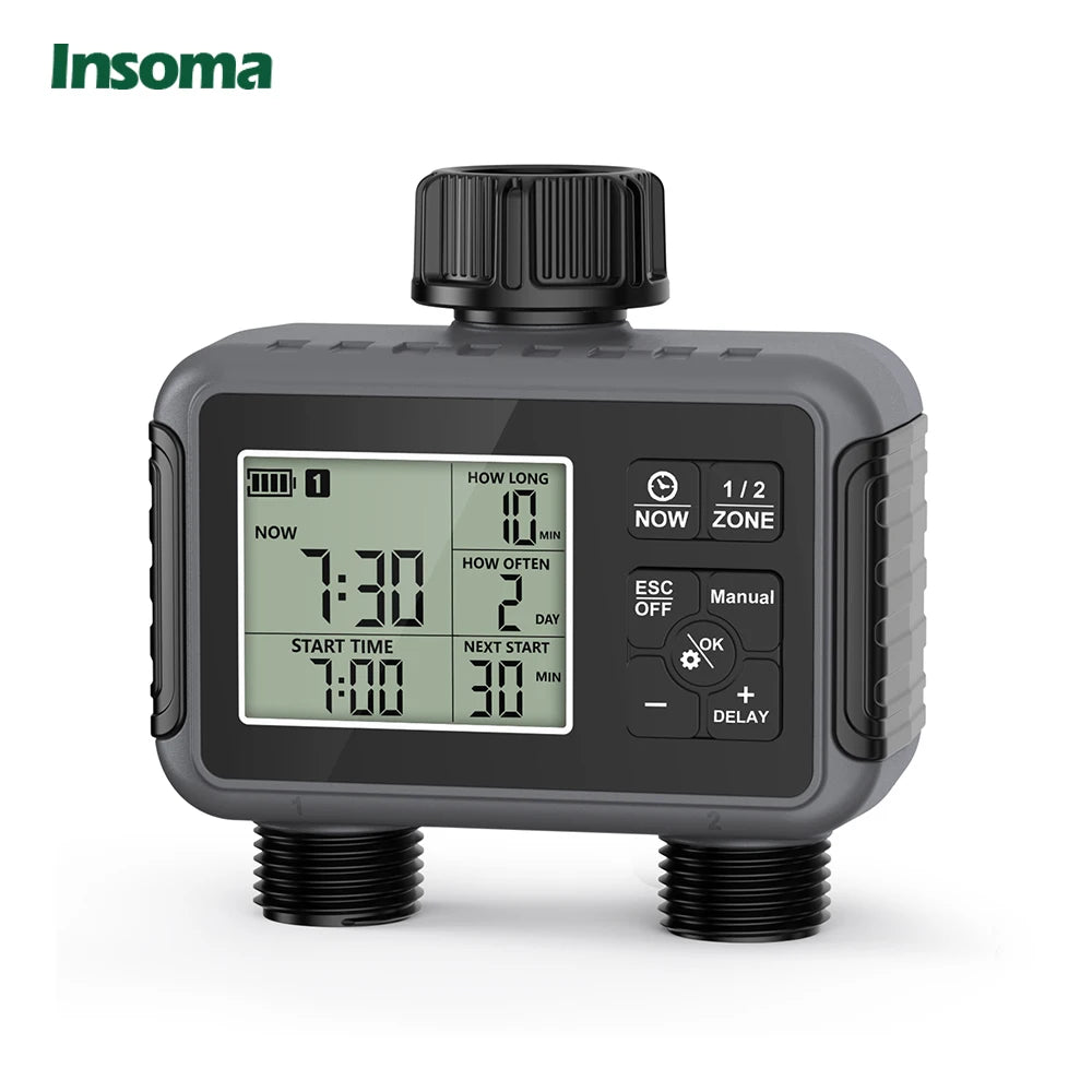 Timer 2 zone per irrigazione – risparmio acqua, modalità auto, manuale, pioggia