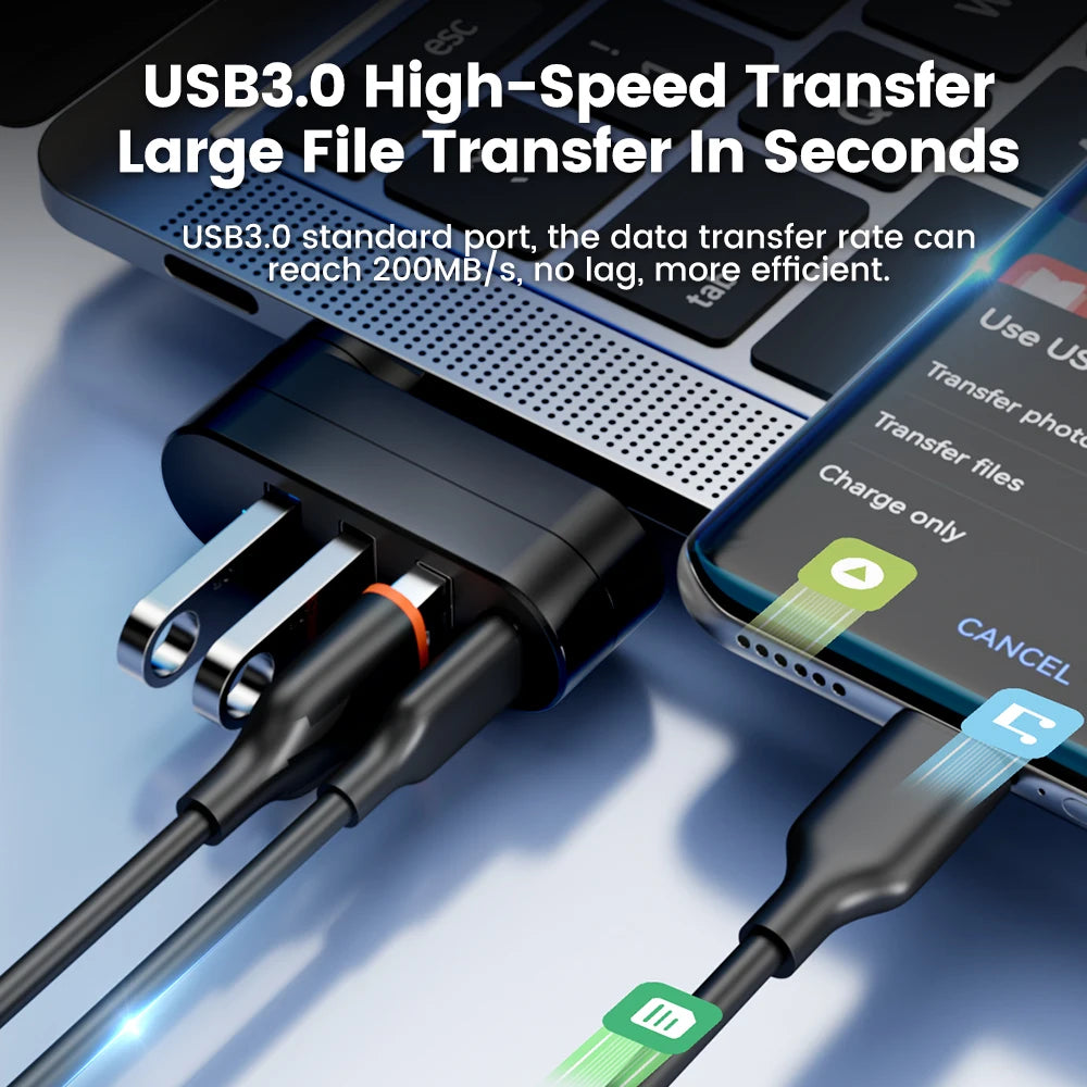 Hub USB 4 porte 180° rotante con Type‑C, USB 3.0 e USB 2.0 – alta velocità