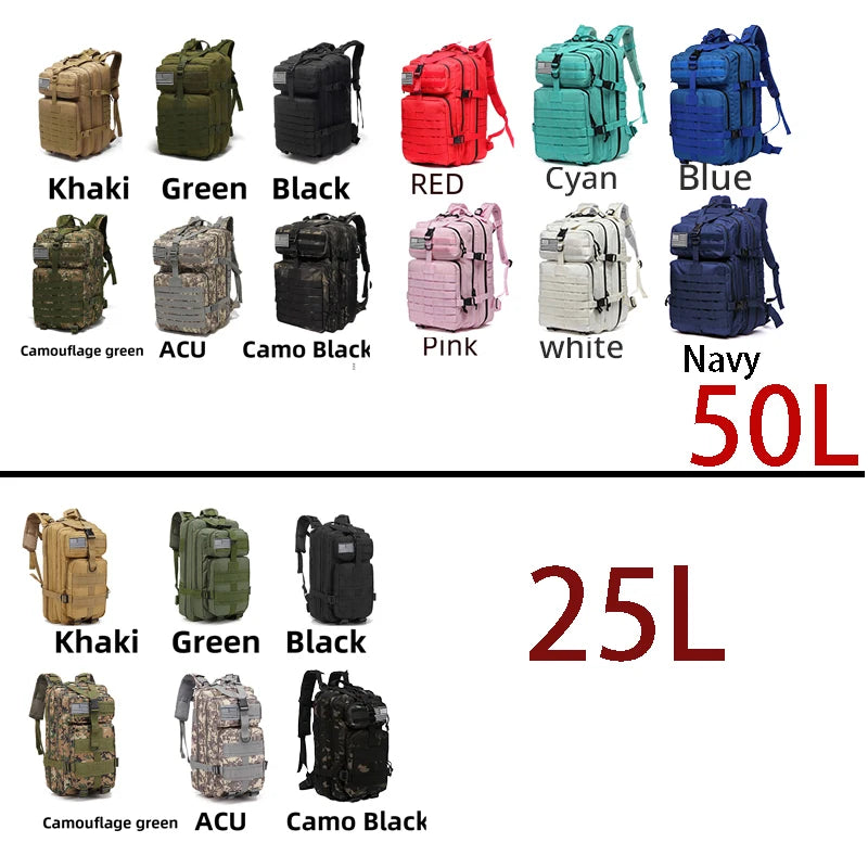 Sac à dos tactique imperméable 25/50L en nylon pour le trekking, la chasse et le camping