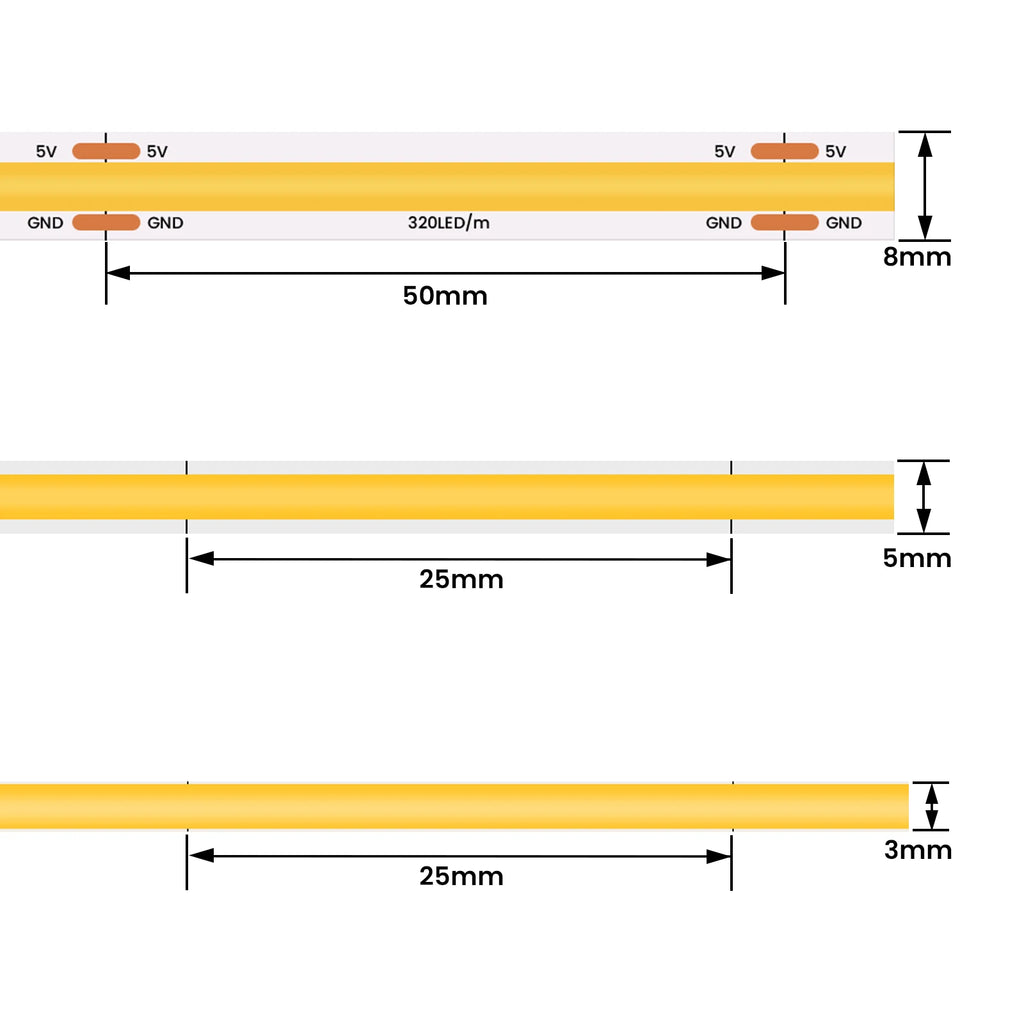 Striscia LED COB 5V 320 LED/m, luce bianca e colorata, alimentata a batteria