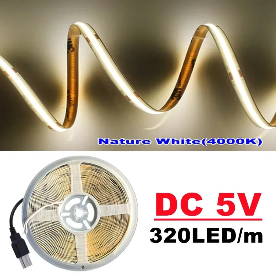 Striscia LED COB 5V 320 LED/m USB, 3000‑6000K, CRI >90, fino a 5 m