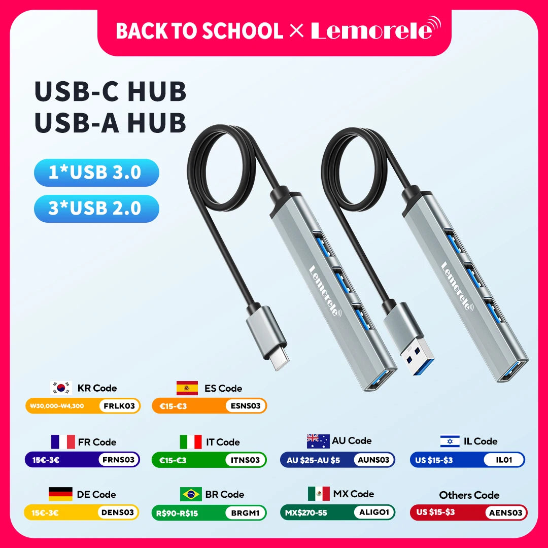 Hub USB 3.0 Type‑C 4 porte per laptop – compatibile con Lenovo, MacBook, Dell