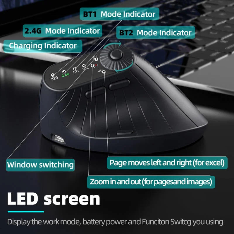 Mouse verticale wireless 2.4GHz e Bluetooth con LED e DPI 2400 ricaricabile