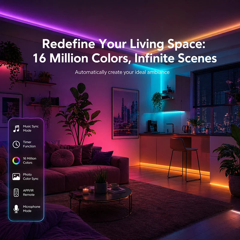 Striscia LED RGB 5-40 m con Bluetooth, sync musica e alimentatore