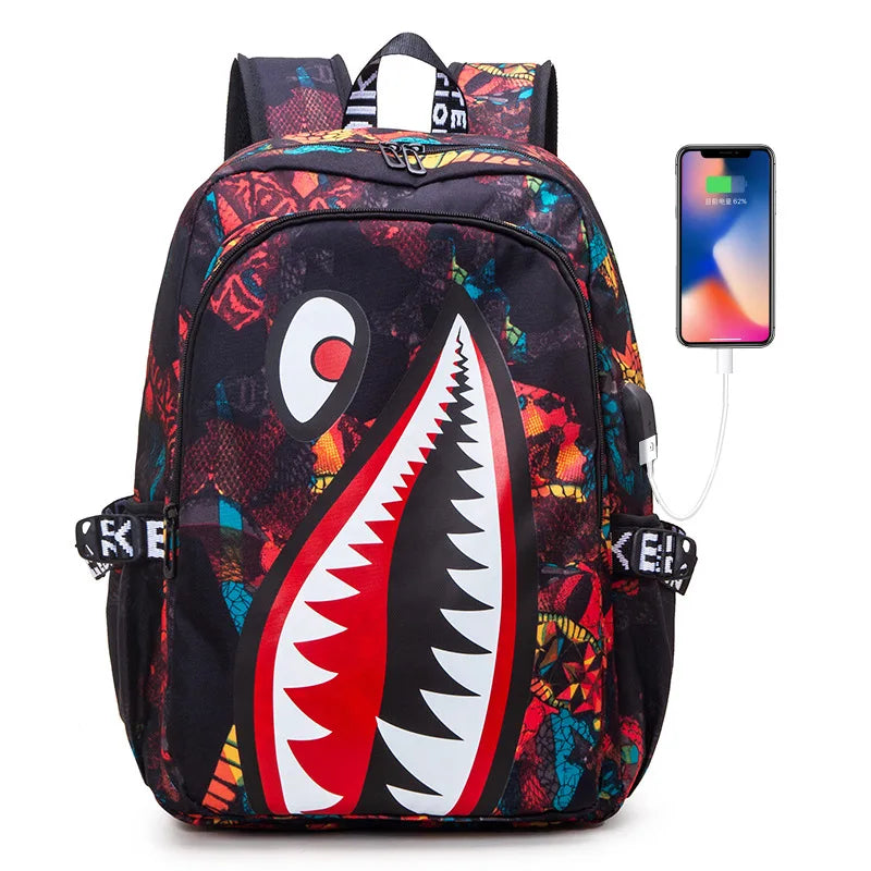 Backpack Elementary Bookbag Travel Rucksack Cartoon Shark Print Primary School Student Satchel Backpack Mochila Infantil