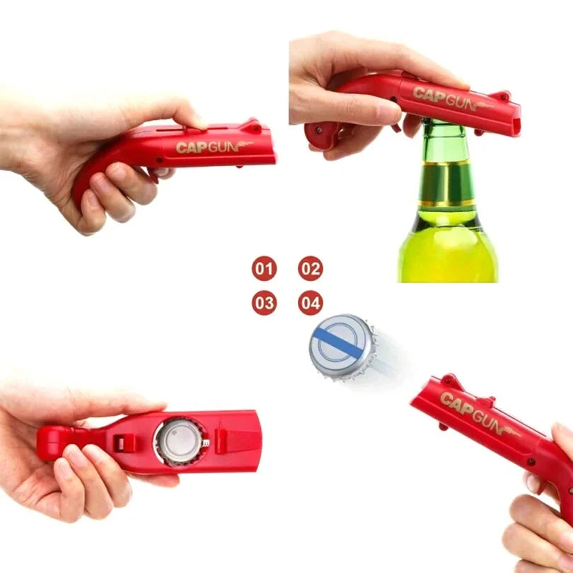 Apribottiglie pistola con lanciatore tappi – portatile e divertente