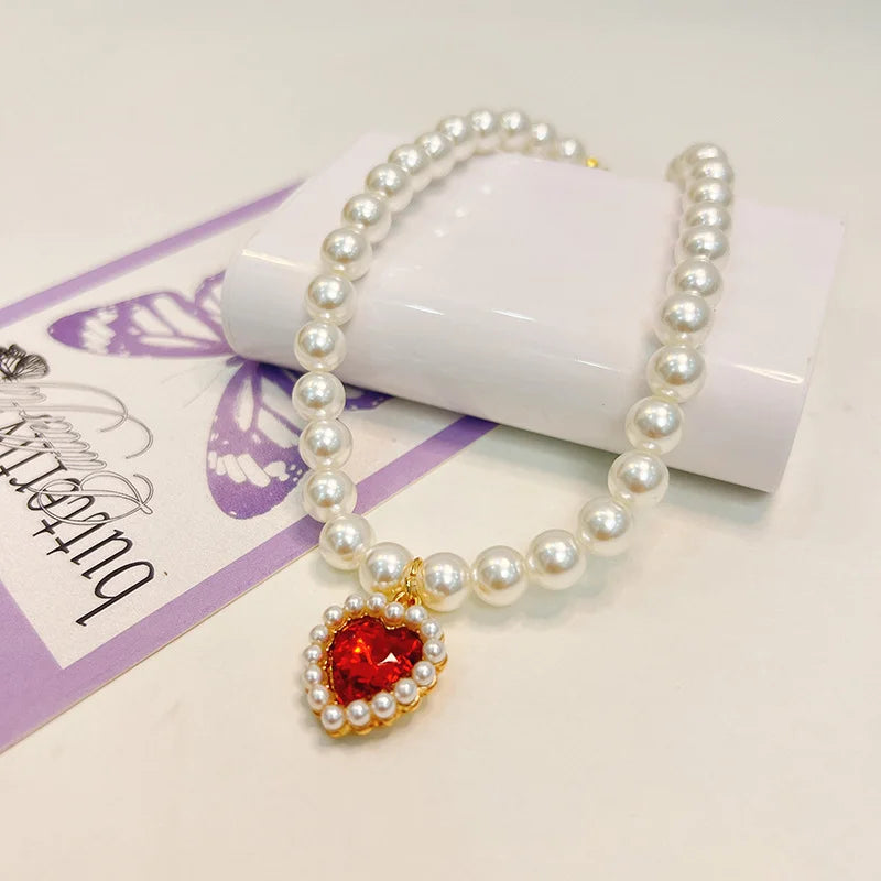 Collarino con Ciondolo a Cuore e Perla Falsa per Gatti e Cani – Fashion