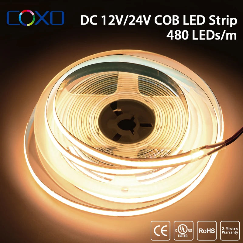 Striscia LED COB ad alta densità 320/480 LED/m 12‑24 V, dimmerabile, 3000‑6500 K