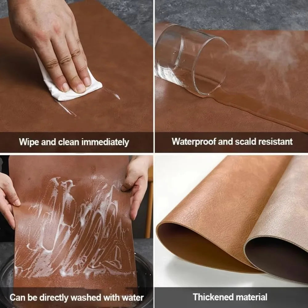 Double Sided Anti Slip PU Insulation Pad Table Mat, Nordic Style Imitation Cowhide Pattern Water Droplet Shaped Leather Placemat