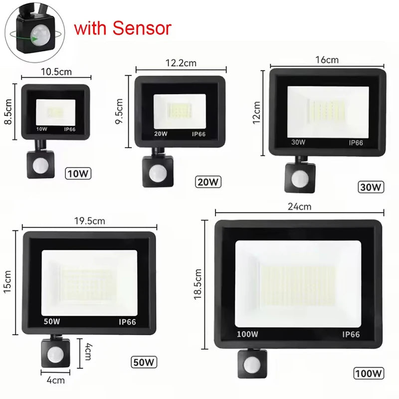 Faro LED da esterno IP66 con sensore di movimento, 10‑100W, 6000‑6500K